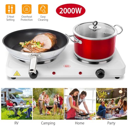 Image of Electric Double Hot Plate Portable Countertop Burner Dual Counter Stove | Kitchen Cooktop with 5 Gear Temperature Control for Home RV Camp 2000W