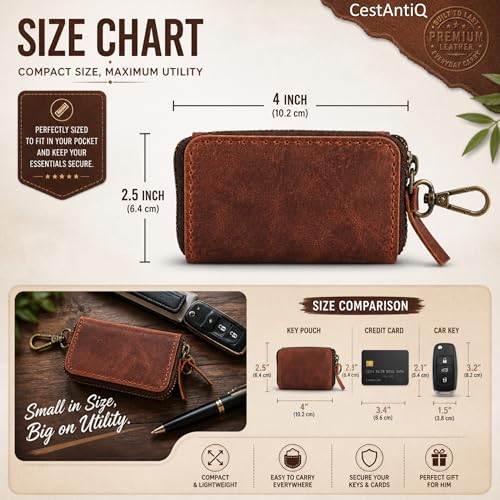 Image of Handmade Full Grain Leather Car Key Holder & Zippered Coin Purse | Belt Loop Key Chain, Compact Earphone Holder Multi-Functional Money Purse Elegant Leather Accessory Versatile Key Organizer (Black)