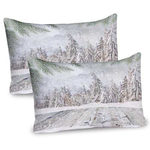 Ambesonne Winter Pillow Sham Set of 2, Abstract Christmas Theme Snow Covered Forest and Wooden Surface Image, Quality Microfiber Bedding Item for All Seasons, 36