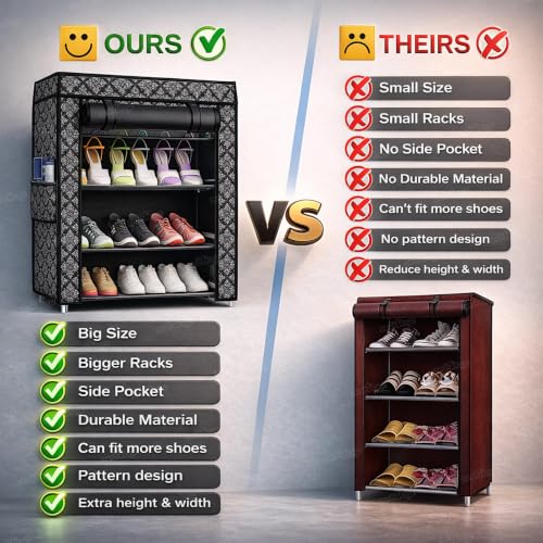 Image of Zest 4 Toyz 4 Shelf Shoe Rack for Home with Zip Door Cover & Side Pockets Shoe Stand Multipurpose Storage Rack for Footwear Toys Clothes with Dustproof Cover (Black)