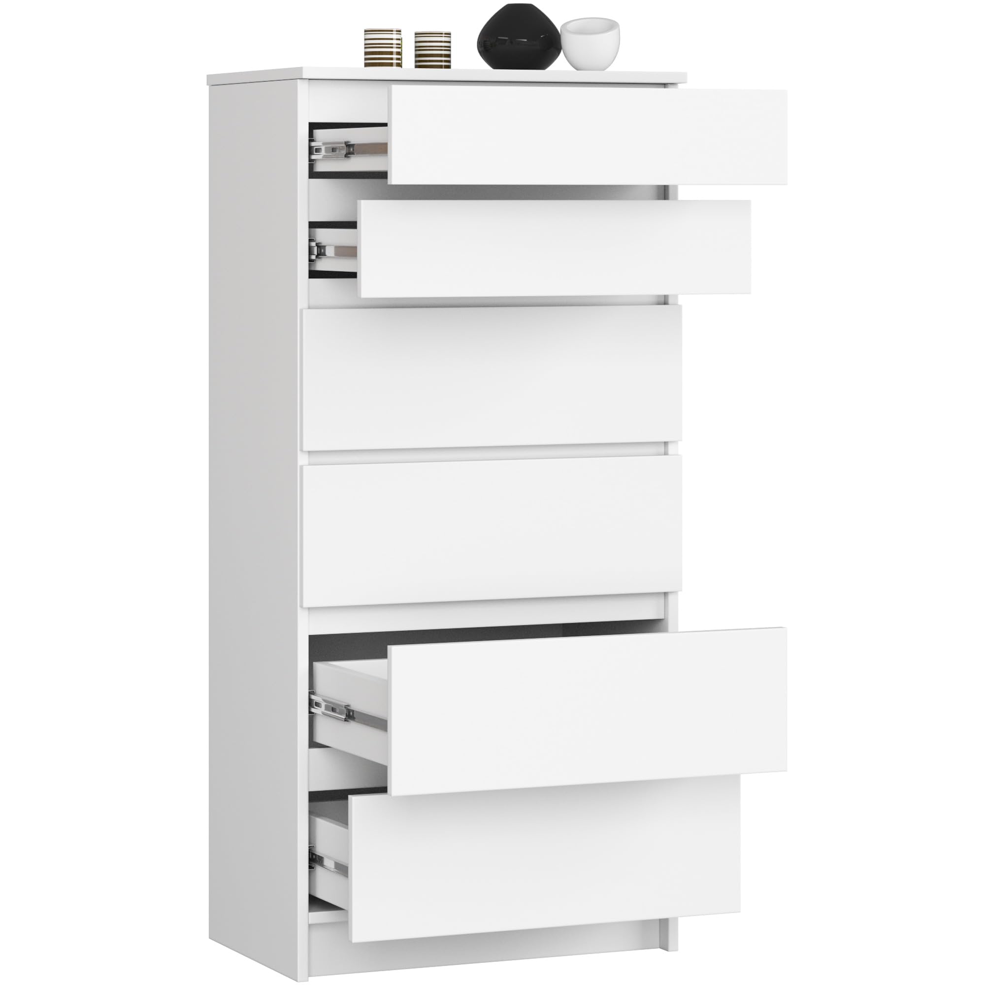 AKORD Cassettiera K60 con 6 Cassetti | Credenza Alta | Moderna Mobiletto per Soggiorno Sala da Pranzo Camera da Letto Corridoio Bagno | Armadio Cameretta | 60x130x40 cm, 43kg | Bianco