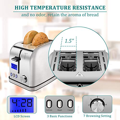 iFedio Best Rated Prime 2 Slice Toaster Stainless Steel with LCD Timer Display Wide Slots Bagel Defrost Cancel Function for Breakfast Removable Crumb Tray, 900W, Silver