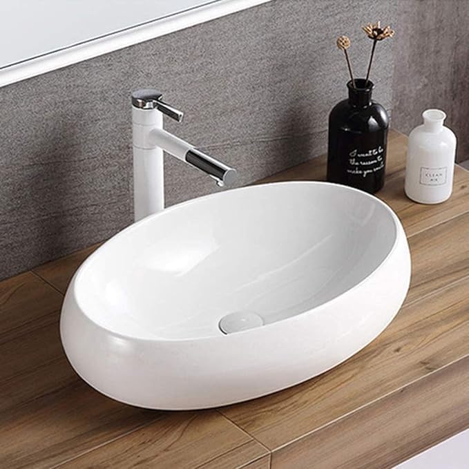 Image of Designer Counter Top Wash Basin | Tabletop Ceramic Bathroom Sink | Wash Basin Over Counter | Wash Basin For Bathroom, Living Room (24 x 15 x 6 Inch) (Glossy White)