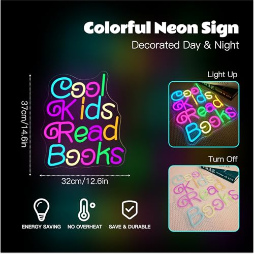 Image of Cool Kids Read Books Neon Sign for Wall Decor Reading Neon Light Sign for Classroom Library Bedroom Bookstore School Led Neon Signs Children Students Kids Book Lover Gifts