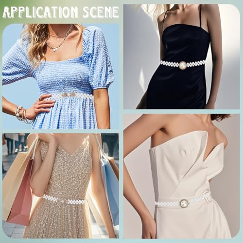 2Pcs Pearl Elastic Waist Belt White Adjustable Stretch Bow Bead Crystal Rhinestone Bridal Bridesmaid Sash Fashion Waistband Chains Belts for Women Wedding Party Prom Dress Accessories Gift4