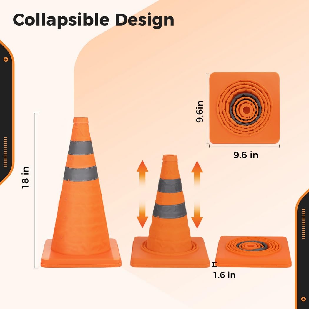 Cônes de signalisation Pliables de 18 Pouces, Lot de 4 cônes Pop-up avec Bandes réfléchissantes et Bases Stables, cônes Orange pour Chantier, stationnement, entraînement à la Conduite