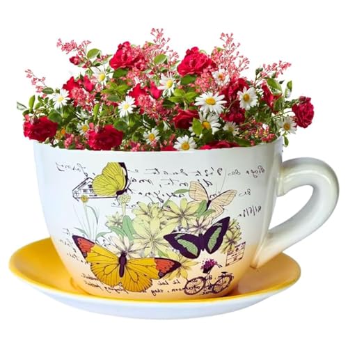 hadaaya 7.5' Round Ceramic Teacup Shape Planter Pot with Saucer for Succulents Orchids Herbs Cactus Indoor Houseplants Flowers Yellow Butterfly Teacup Planter
