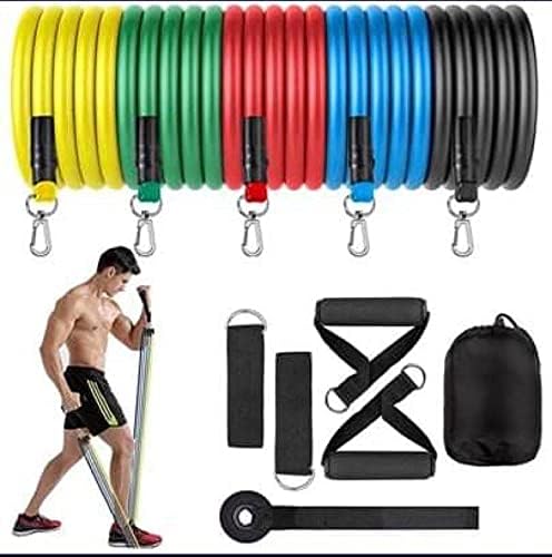 Elastic Resistance Band Set 11 pcs for Exercise I Exercise Bands for Men and Women with Stackable Weight Bands up to 100 lbs Equivalent, Handles, Door Anker, Ankle Straps, Carry Bag I Resistance Training, Fitness Equipment