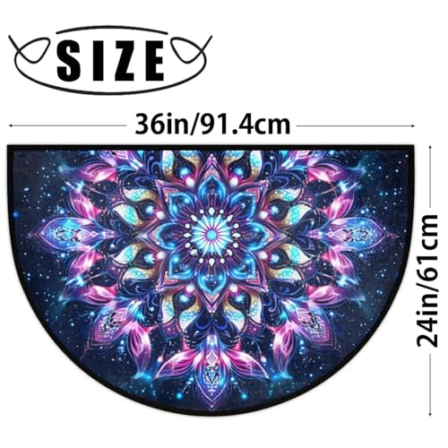 Image of Half Round Doormat Flowers Ethnic Mandala Purple Non Slip Half Circle Area Rugs Indoor Washable Half Moon Rug Semi Circle Bathroom Runner Mat Entrance Floor Carpet for Kithen Bedroom Fireplace Decor