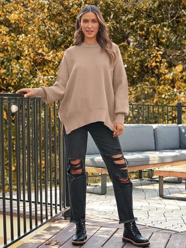 Image of LILLUSORY Women's Oversized Batwing Sweaters 2026 Fall Outfits Trendy Crewneck Knit Side Slit Fashion Pullover Tops