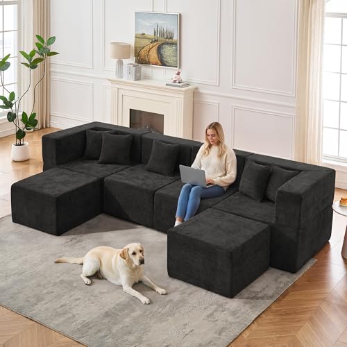 Image of MONVANE 130'' Modular Sectional Cloud Couch for Living Room, 6 Seater Convertible Chenille Couches Set with Ottoman & Pillow, No Assembly Compression Sofas, Comfy Floor Sofa with Memory Foam, Black