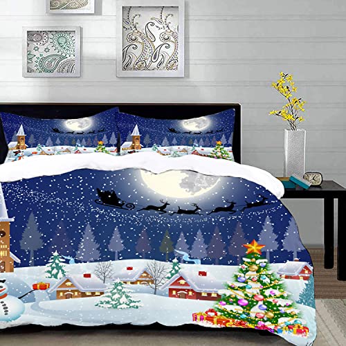 parure de lit adulte,Feuille,Décorations de Noël, saison d'hiver bonhomme de neige arbre de Noël père noël traîneau lune boîtes cadeau,1 Housse de couette 135 * 200 + 2 Taies d'Oreillers 50 x 80 CM