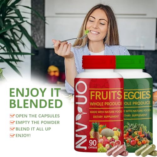 Image of Fruits & Veggies Capsules - 90 Fruit and 90 Veggie Whole Food Supplement - Supports Energy Levels, High Lycopene, Vitamins & Minerals