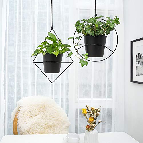 Mkono Boho Hanging Planter, Set Of 2 Metal Plant Hanger With Plastic Pots, Modern Mid Century Flower Pot Plant Holder In Diamond And Circle Shape, Fits 6 Inch Planter (Plastic Pots Included), Black #TOP1