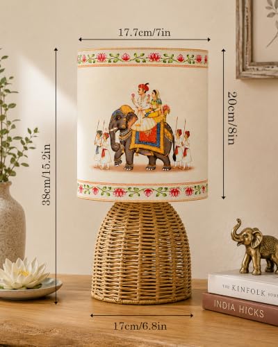 Image of Homesake Handwoven Rattan Table Lamp with Rajasthani Art Fabric Shade, Decorative Raffia Cane Bedside Lamp for Bedroom, Boho Table Lamp for Living Room, E27 Holder, Warm Ambient Home Decor Lighting