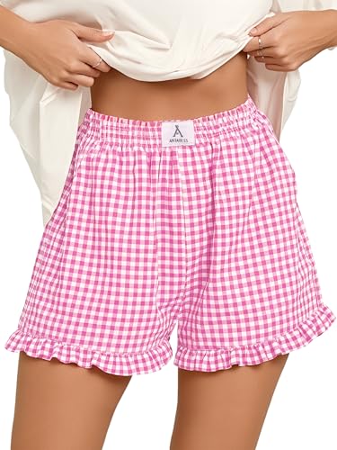 Image of ANRABESS Boxer Shorts for Women,Gingham Plaid Elastic Waist Ruffle,Perfect for Lounge,Pajama&Sleep,Cute Casual Summer Bottoms