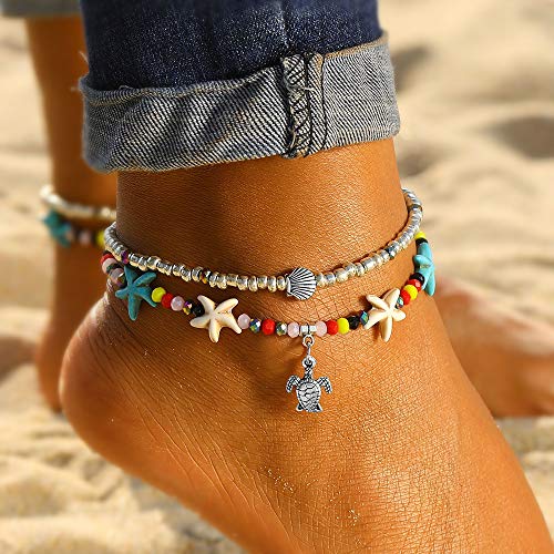 Image of Softones Blue Starfish Turtle Anklet Multilayer Charm Beads Sea Handmade Boho Anklet Foot Jewelry for Women
