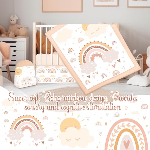 Image of Hahafelt 4 Pieces Baby Crib Bedding Set for Girls and Boys, Soft Baby Bedding Set Including Crib Skirt, Comforter, Sheet and Diaper Stacker for Nursery(Bohemian Rainbow)