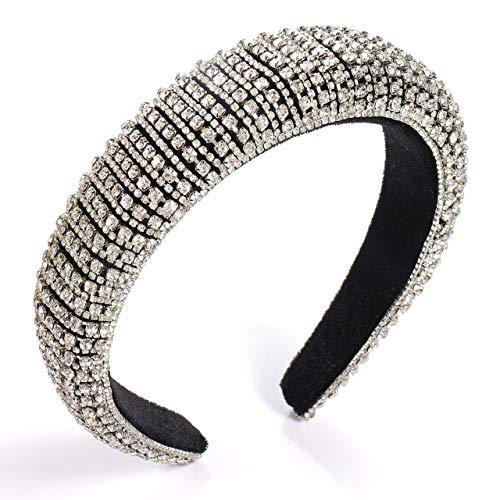 Boderier Bejeweled Padded Rhinestone Headband Statement Wide Hair Hoops Sparkle Party Headwear Hairband Hair Accessories for Women Girls (Silver)