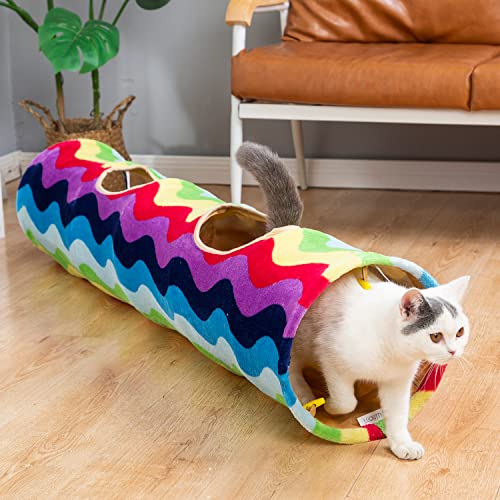 Image of Cat Tunnel -Straight-Shaped, Rainbow Wave Color, Soft Velvet Exterior, Oxford Fabric Fog-Proof Interior, Plush Toy Ball, Easily Washable, Conveniently Foldable, 47.2in /120cm