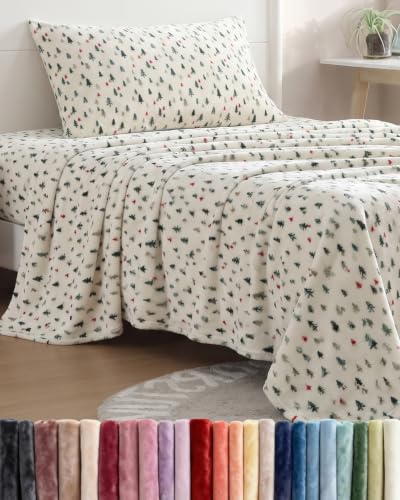 Image of Fleece Sheets Twin XL Size Set - 3-Piece Velvet Flannel Sheet Set - Trees