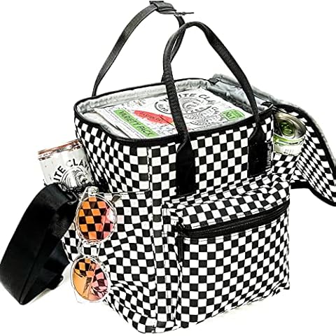 FYDELITY Insulated Cooler Bag Small Cooler Bag Insulated Soft Cooler Bag Beach Cooler Picnic Bag Lunch Bag Cooler Travel Cooler Retro Cooler Lunch Box Cooler Lunch Bag -Skinny 12 Pak - Checker Cooler Cover