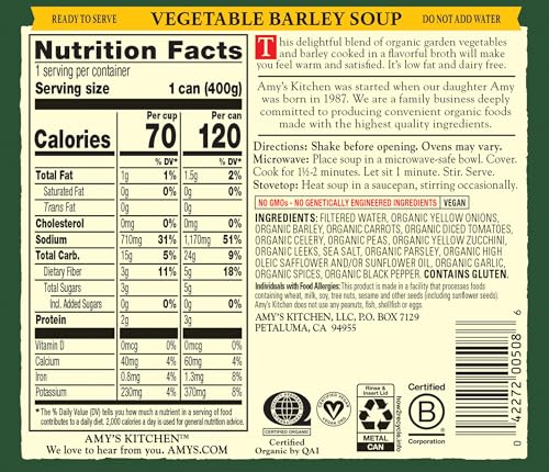 Image of Amy's Soup, Vegan Vegetable Barley Soup, Low Fat, Made With Organic Tomatoes, Carrots and Celery, Canned Soup, 14.1 Oz