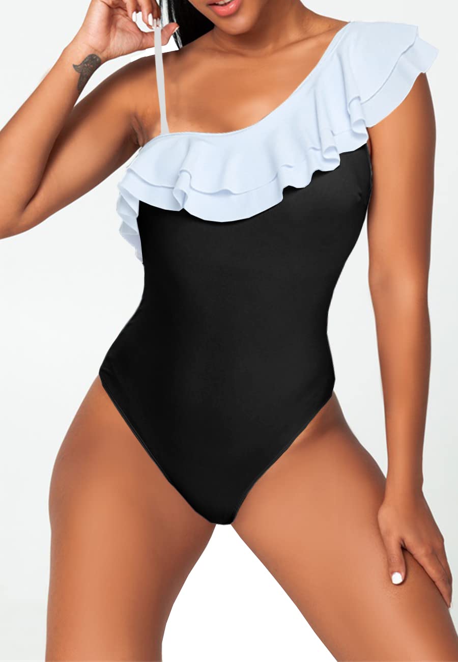Traje de Baño Una Pieza para Mujer Bañador para Mujer Volante de un Hombro Conjunto de Bikini Push Up Acolchado Traje de Baño
