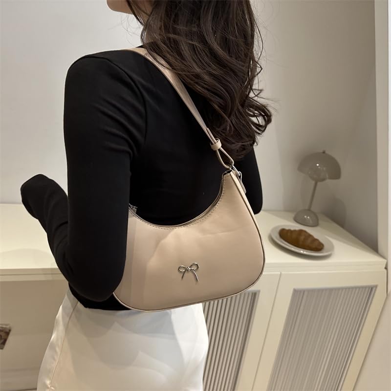 Women PU Armpit Bag with Zipper Bowknot Trendy Handbag Solid Color Leather Shoulder Bag Half Moon Bag for Vacation Travel Commuting4