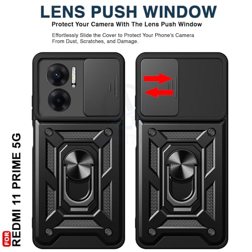 Image of AESTMO Tough Armor Redmi 11 Prime 5G Bumper Back Case Cover | Ring Holder & Sliding Camera Shield Cover | 360 Degree Protection Back Case Cover for Redmi 11 Prime 5G (Black)