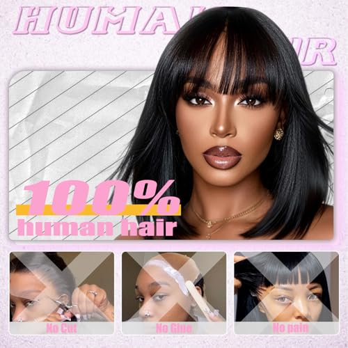 Image of Farblick Bob Wig Human Hair With Bangs Wear and Go Glueless Wig Human Hair 12inch Straight Wig 180% Density Black Wig With Bangs for Women