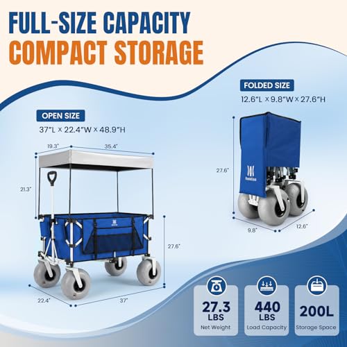 Image of Navatiee Beach Wagon with Big Balloon Wheels for Sand, 200L Extra Large Beach Cart with Canopy, 440Lbs Heavy Duty Folding Wagon Collapsible with 9 inch Tires & Side Pocket for Beach, Outdoor, Blue