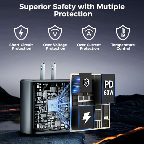 Image of 60W Type C Charger, 2Pack Super Fast Type C Android Phone Charger USBC 6FT