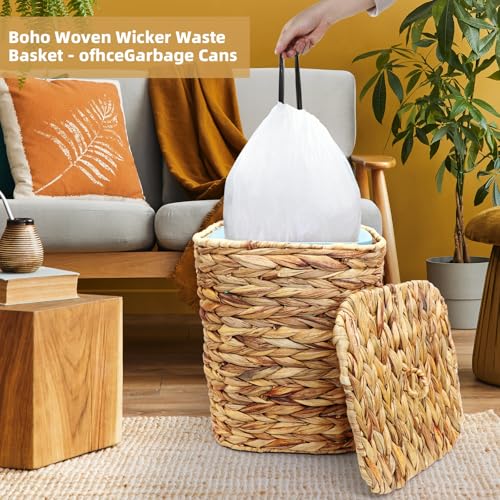 Image of 3 Gallons Wicker Waste Basket Can with Lid & Liner, Handwoven Wastebasket Wastepaper Basket with 60Pcs Bag, Wicker Trash Garbage Rubbish Can Bin Basket for Bedroom Bathroom Kitchen Office