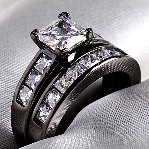 Couple Ring Bridal Sets His Hers Women Black Gold Plated Square CZ Men Stainless steel Band Wedding Ring Band Set2