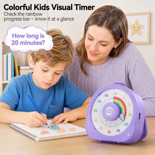 Image of Visual Timer for Kids and Adults 60 Min /12 Hour Rechargeable Countdown Timer with Magnetic Sticker and Mute Function Kids Pomodoro Timers for Classroom Office Kitchen Silent Operation & Rainbow Disk