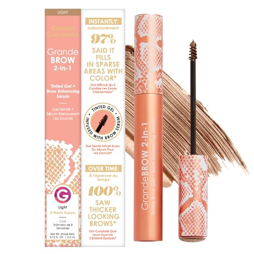 Grande Cosmetics GrandeBROW 2-in-1 Tinted Brow Gel + Brow Enhancing Serum for Thicker & Darker-Looking Eyebrows, Shape & Fill Brows, with Castor Oil & Mini Fibers - Light, Full Size (0.12 fl oz)