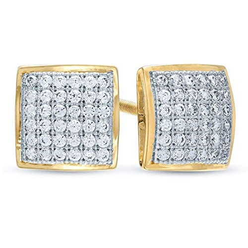 Square Iced Cz Two Tone Yellow Gold Plated 925 Sterling Silver Hip Hop Men's Screw Back Earrings #TOP8