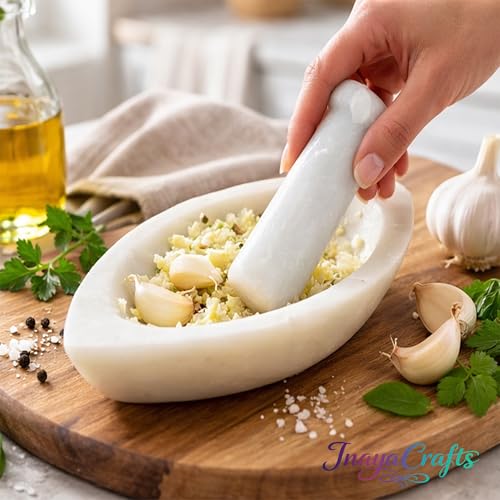 Image of Marble Boat Shape Mortar and Pestle Set 5 Inch, White Stone Grinder for Crushing Spices, Herbs and Garlic, Traditional Kitchen Tool for Masala, Chutney and Food Preparation