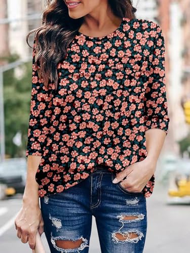 KISSMODA Women's Casual 3/4 Sleeve T-Shirts Round Neck Cute Tunic Tops Basic/Pleated Summer Tops Trendy Spring Blouses