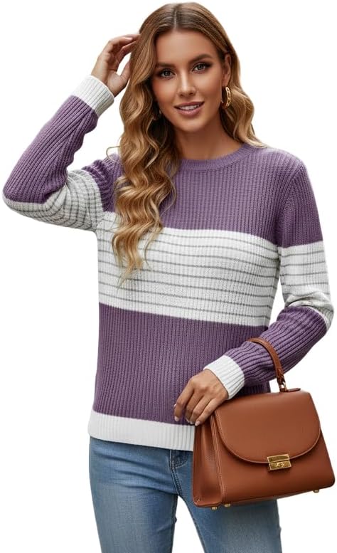 Women's Striped Knit Sweaters Color Block Long Sleeve Pullover Sweater