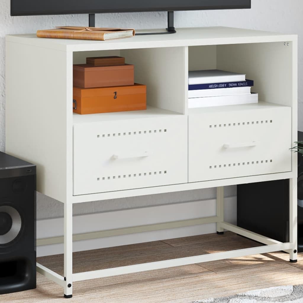 Mobile TV bianco in acciaio 68 x 39 x 60,5 cm con 2 cassetti, scomparti aperti, spazio e ripiano per soggiorno, camera da letto, home theater, gaming e multimediale