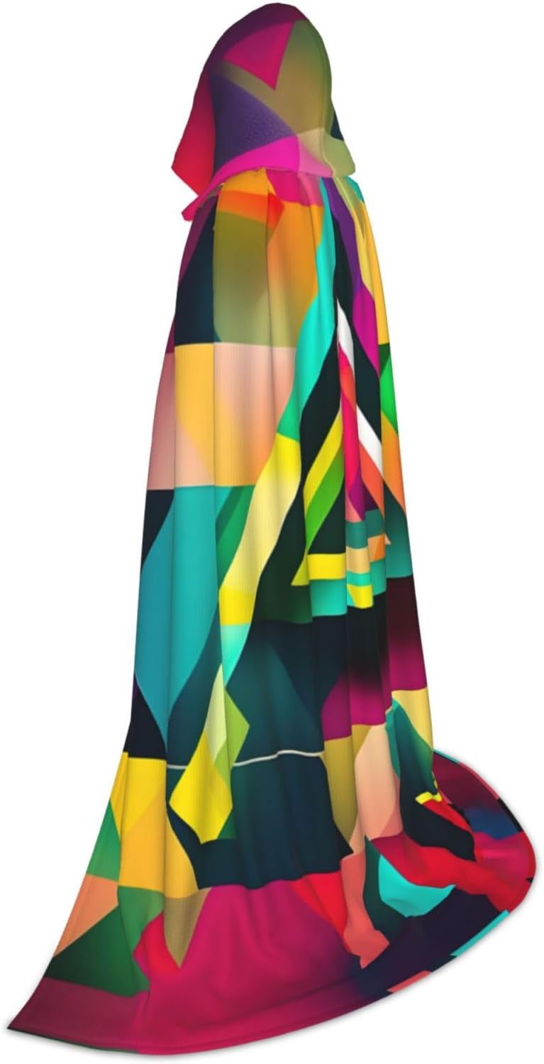 Colorful Triangle pattern print Wizard Hooded Robe Medieval Cape Renaissance Cloak for Men Women Halloween Costume