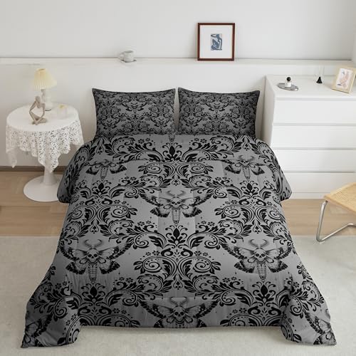 Feelyou Adults Gothic Comforter Set Twin Size Black Damask Comforter Death Moth Bohemia Boho Bedding Set Goth Skull Duvet Set Vintage Floral Quilt Set 2Pcs