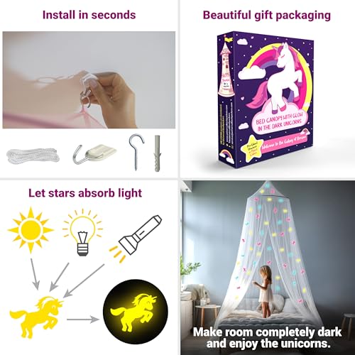 Image of Canopy for Girls Bed with Pre-Glued Glow in The Dark Unicorns - Princess Mosquito Net Room Decor - Kids & Baby Bedroom Tent with Galaxy Lights - 1 Opening Canopy Bed & Hanging Kit Included