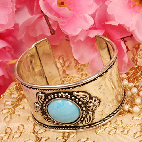 Image of Touchstone Indian Bollywood Desire Brass Base Exotic Workmanship Free Size Cuff Bracelet in Antique Gold Or White Or Copper Tone for Women.