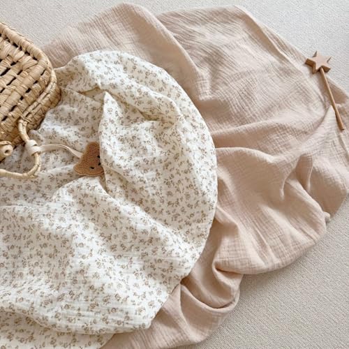 BuLuTu 100% Cotton Fitted Baby Bed Sheets Set of 2, Soft Breathable Muslin Crib Sheets for Standard Crib Mattress Toddler Mattress 52\"x28\", Machine Washable, Beige & Camellia