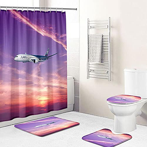 ZDDWLDL 4-Teilig Duschvorhang Set Mit Rutschfesten Teppichen Toilettendeckel Und Badematte Wasserdicht Farbfest Schimmel… – Bild 3