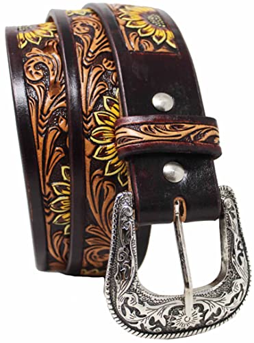 CHALLENGER 35-36 Western 1 1/2" Wide Rodeo Fashion Sunflower Tooled Leather Belt 26FK093