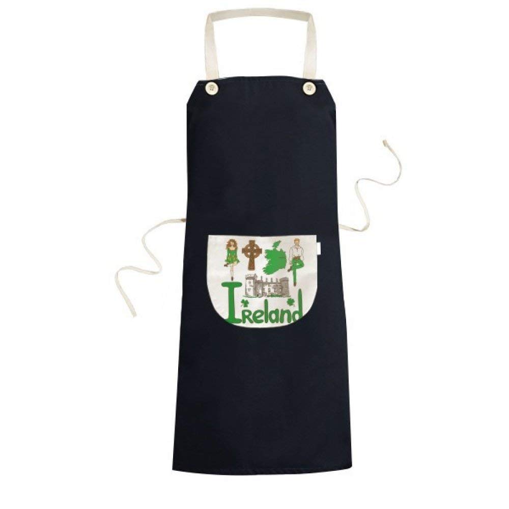 Tablier bavoir réglable de cuisine noir motif touristique Irlande et poche